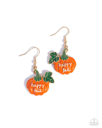 Autumn Affair - Orange Enamel Pumpkin "Happy Fall" Silver Fishhook Earrings - Paparazzi Accessories