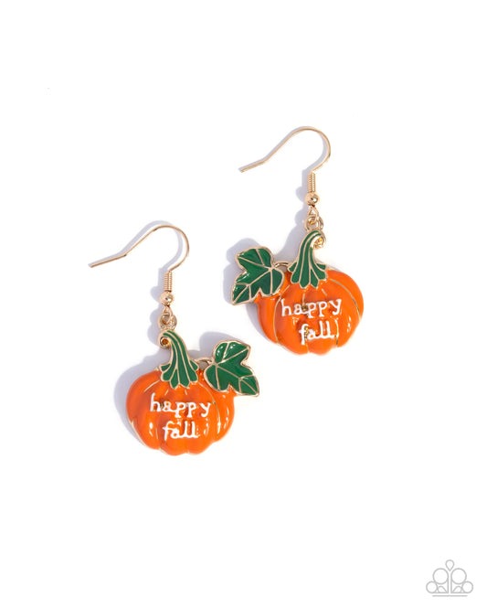 Autumn Affair - Orange Enamel Pumpkin "Happy Fall" Silver Fishhook Earrings - Paparazzi Accessories