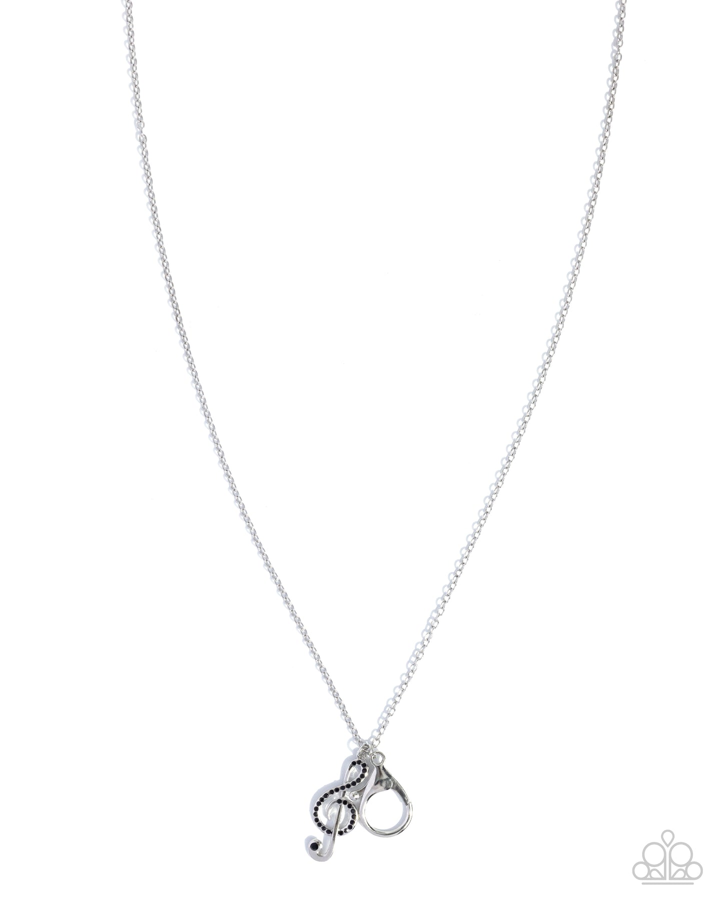 Clef Comfort - Black Rhinestone Silver Music Note Lanyard Necklace - Paparazzi Accessories