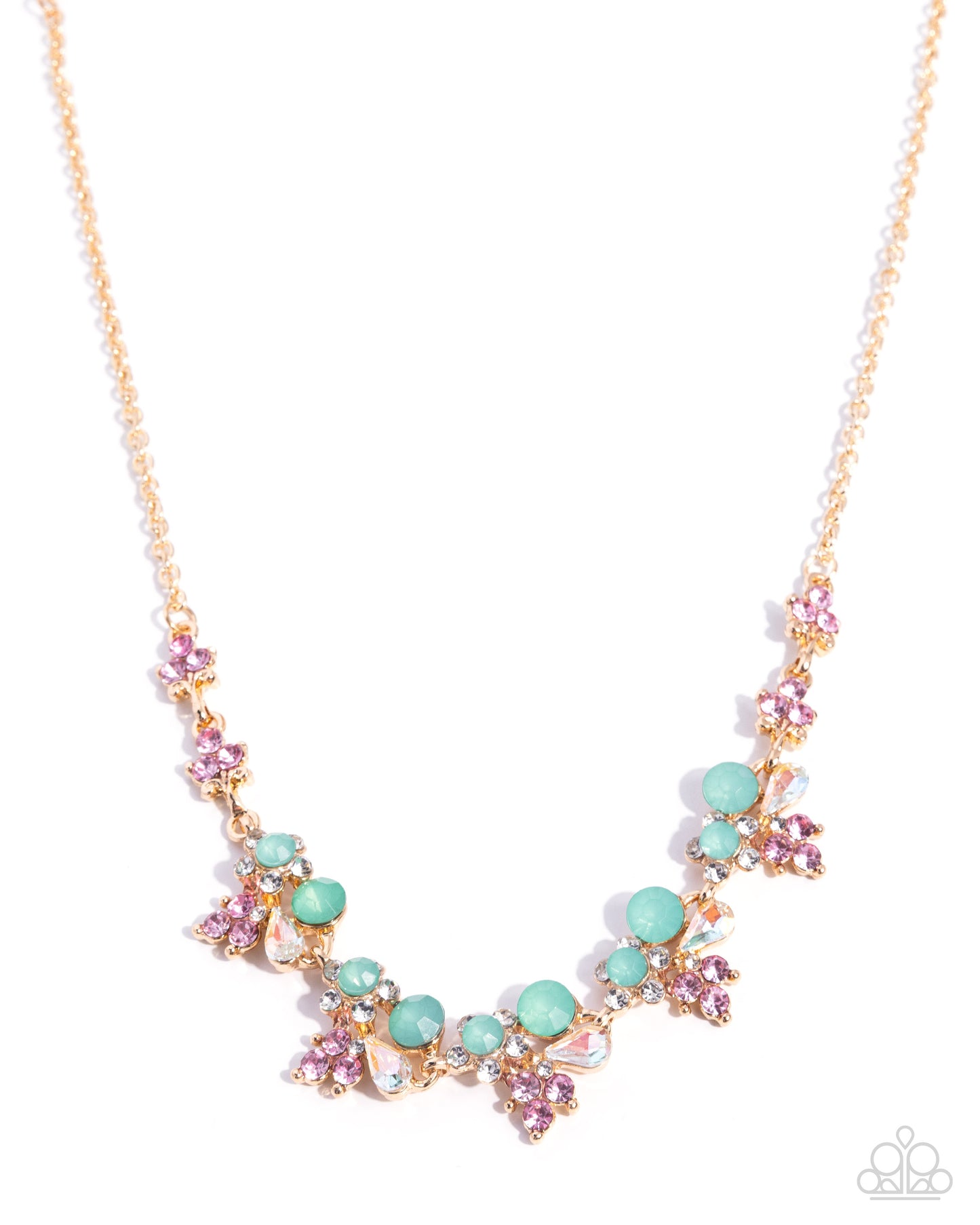 Clustered Cabaret - Green Opalescent, Pink, White and UV Shimmer Rhinestone, Gold Necklace - Paparazzi Accessories