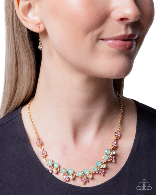 Clustered Cabaret - Green Opalescent, Pink, White and UV Shimmer Rhinestone, Gold Necklace - Paparazzi Accessories