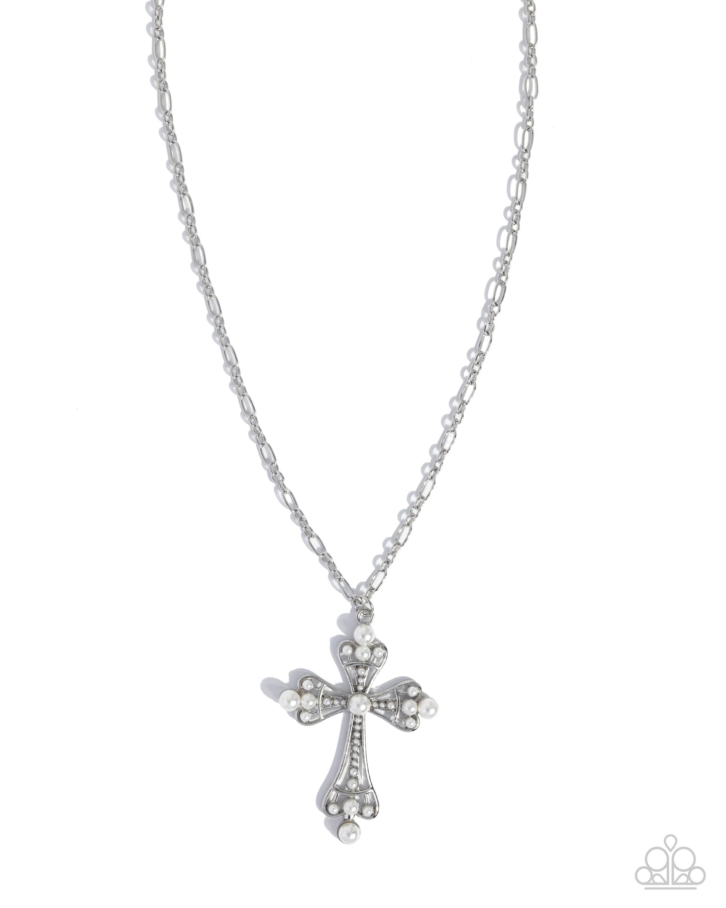 Heavenly Haul - White Pearl, Silver Cross Necklace - Paparazzi Accessories