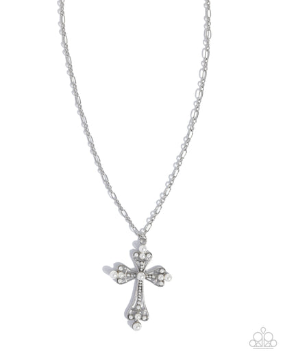 Heavenly Haul - White Pearl, Silver Cross Necklace - Paparazzi Accessories