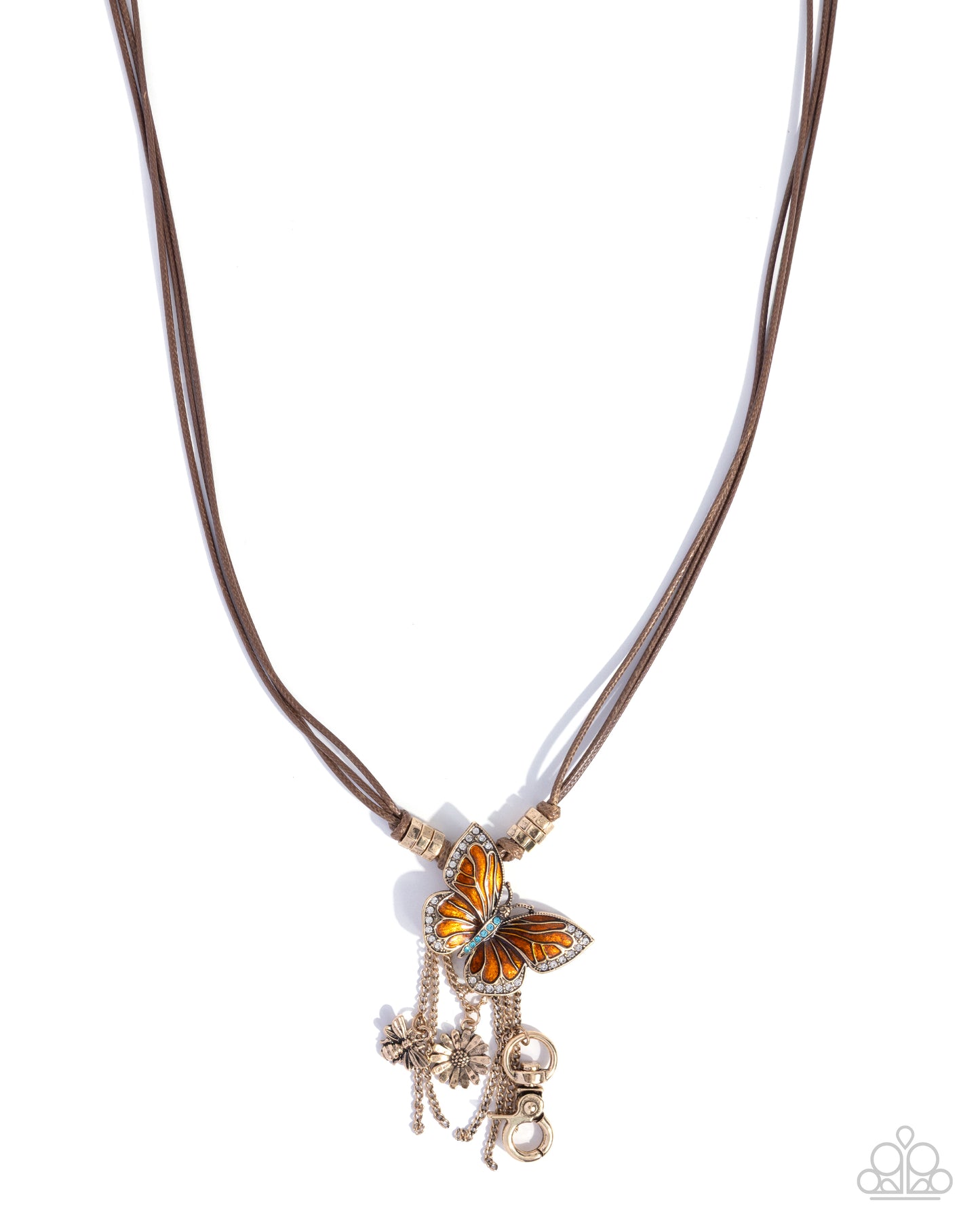 Whimsical World - Orange Enamel Silver Charms Brown Cord Lanyard Necklace - Paparazzi Accessories