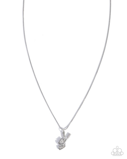 Hockey Game - White Rhinestone Hockey Stick Pendant Necklace - Paparazzi Accessories