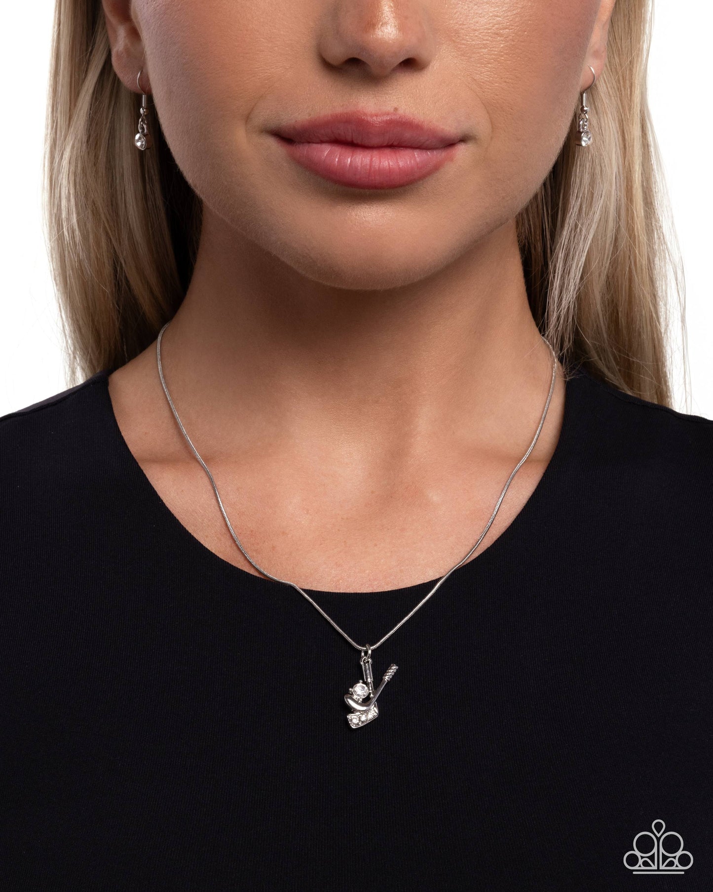 Hockey Game - White Rhinestone Hockey Stick Pendant Necklace - Paparazzi Accessories