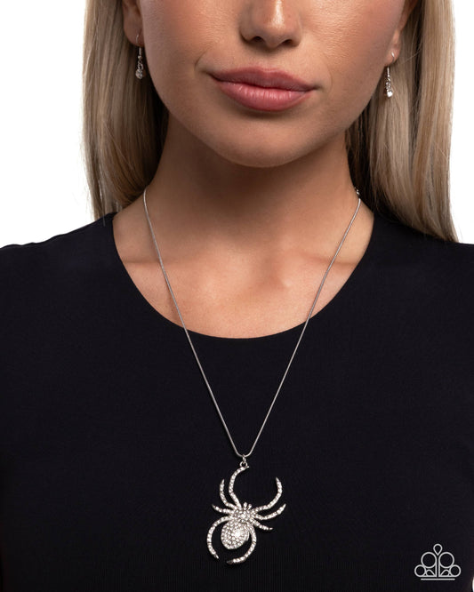 Spider Story - White Rhinestone Silver Spider Necklace - Paparazzi Accessories