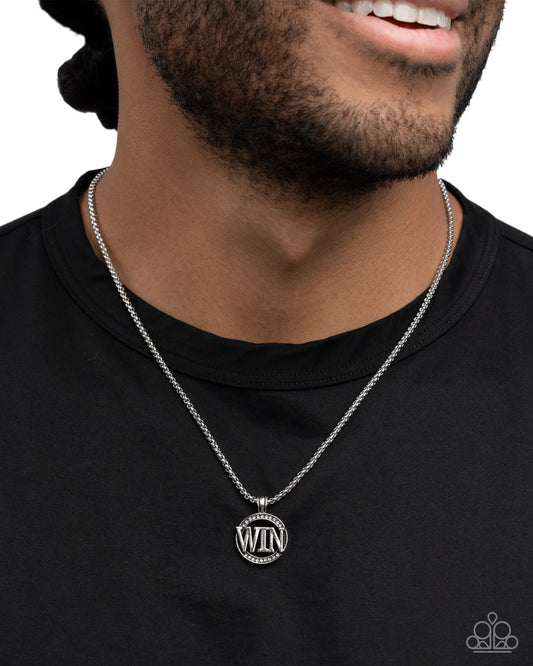 Fight to Win - Silver  - White Rhinestone "WIN" Pendant Urban Necklace - Paparazzi Accessories