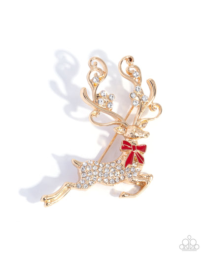 Reindeer Games - Gold, White Rhinestone Brooch - Paparazzi Accessories