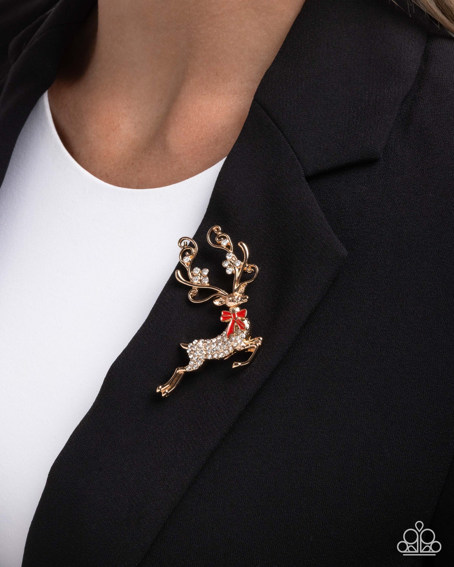 Reindeer Games - Gold, White Rhinestone Brooch - Paparazzi Accessories