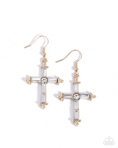 Heavenly Homage - Gold Cross, White Rhinestone Fishhook Back Earrings - Paparazzi Accessories