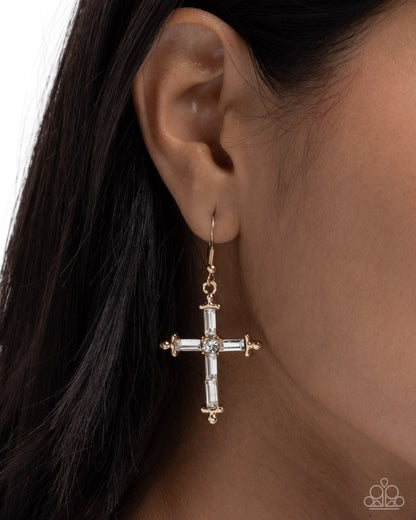 Heavenly Homage - Gold Cross, White Rhinestone Fishhook Back Earrings - Paparazzi Accessories