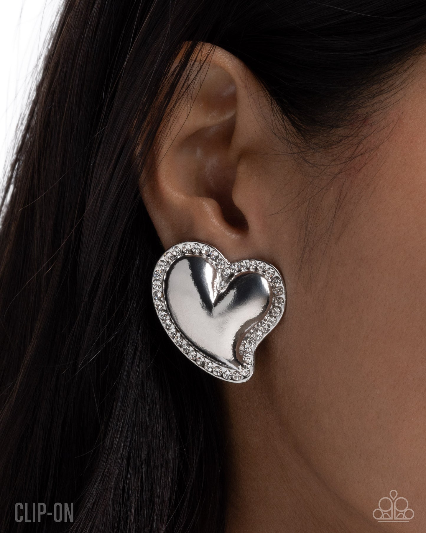 Loveable Luminescent - White Rhinestone, Silver Heart Clip-on Earrings - Paparazzi Accessories