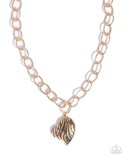 Sweet Stripes - Black Rhinestone Gold Heart Necklace - Paparazzi Accessories