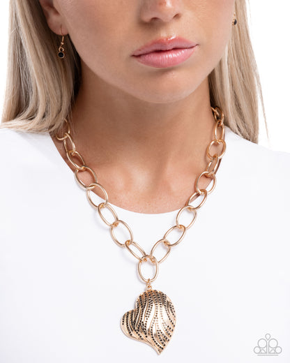 Sweet Stripes - Black Rhinestone Gold Heart Necklace - Paparazzi Accessories