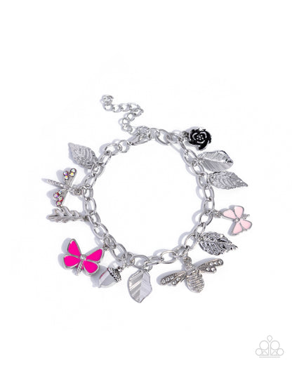 Iconic Insects - Pink Butterfly, Silver Leaf and Acorn Charm Bracelet - Paparazzi Accessories