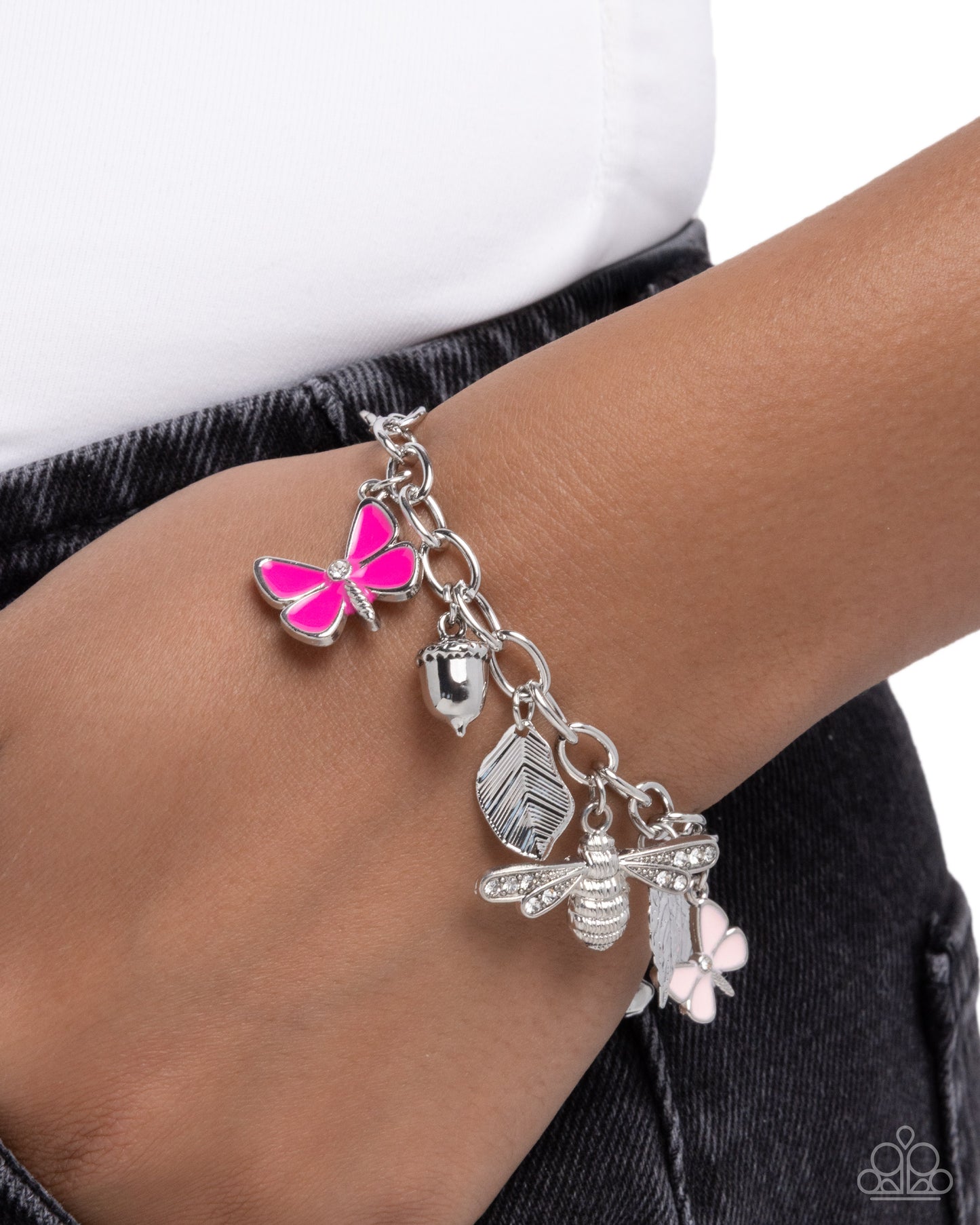 Iconic Insects - Pink Butterfly, Silver Leaf and Acorn Charm Bracelet - Paparazzi Accessories