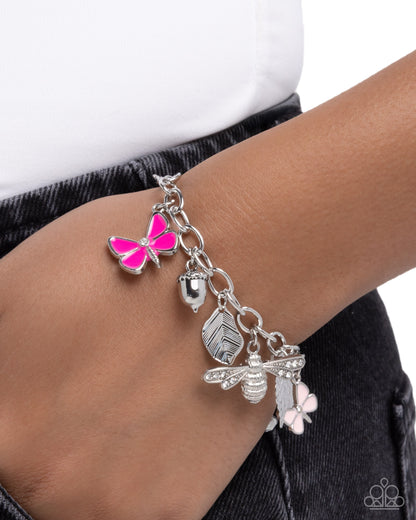 Iconic Insects - Pink Butterfly, Silver Leaf and Acorn Charm Bracelet - Paparazzi Accessories