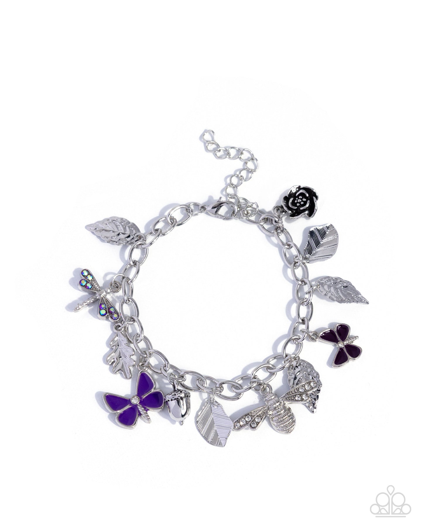 Iconic Insects - Purple Butterfly, Silver Leaf and Acorn Charm Bracelet - Paparazzi Accessories