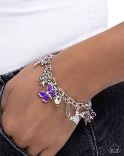 Iconic Insects - Purple Butterfly, Silver Leaf and Acorn Charm Bracelet - Paparazzi Accessories