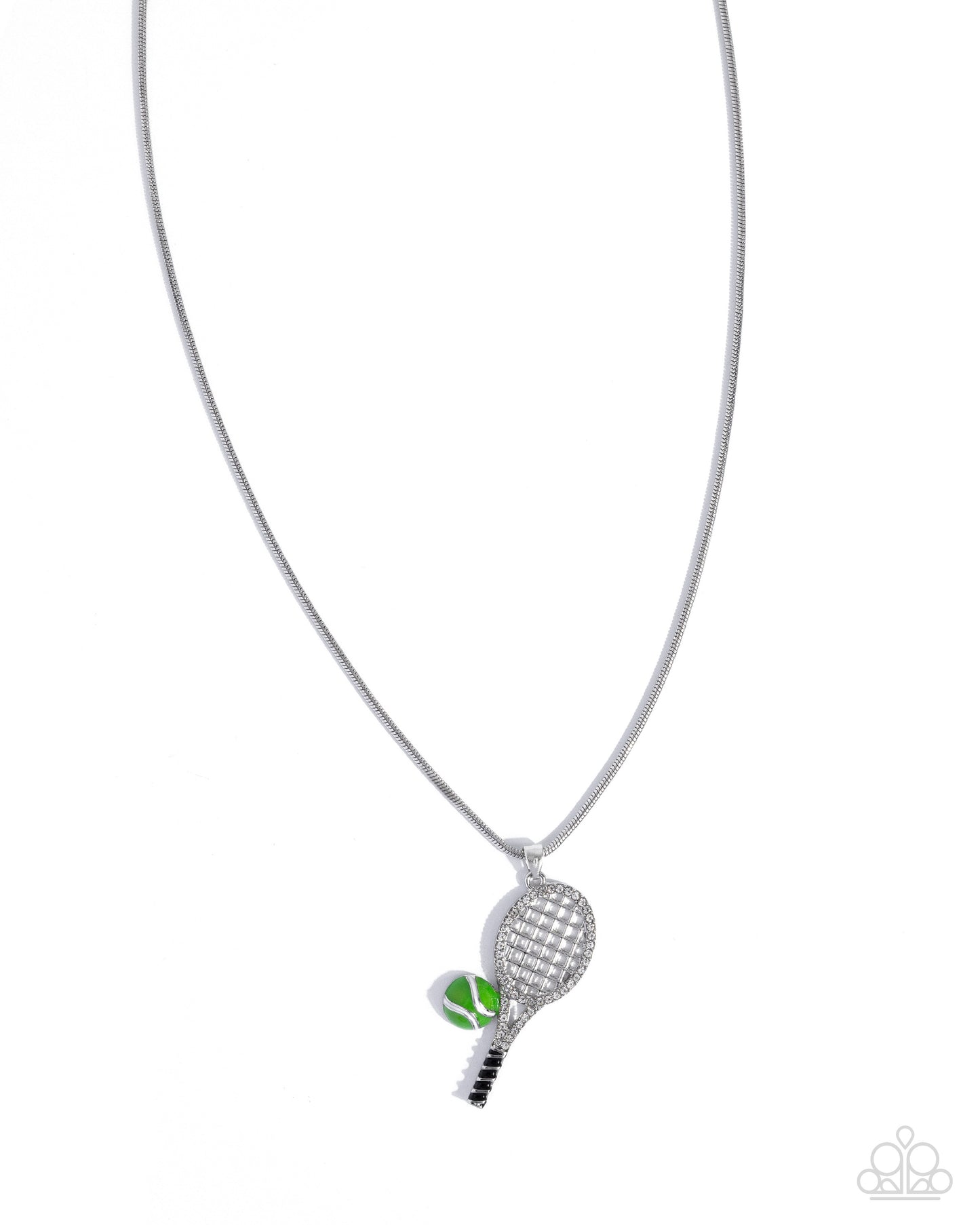 Tennis Champ - Green Tennis Ball, Silver and White Rhinestone Tennis Racket Necklace - Paparazzi Accessories