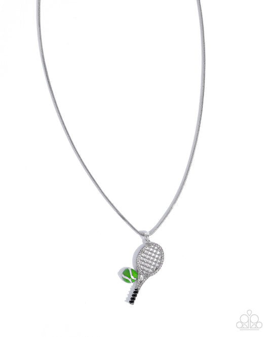 Tennis Champ - Green Tennis Ball, Silver and White Rhinestone Tennis Racket Necklace - Paparazzi Accessories