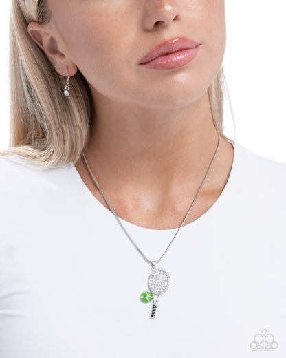 Tennis Champ - Green Tennis Ball, Silver and White Rhinestone Tennis Racket Necklace - Paparazzi Accessories
