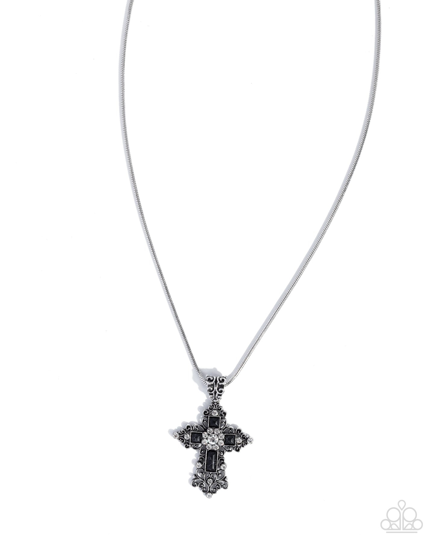 Celestial Color - Black Stone Silver Filigree Cross Pendant Necklace - Paparazzi Accessories
