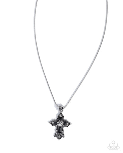 Celestial Color - Black Stone Silver Filigree Cross Pendant Necklace - Paparazzi Accessories
