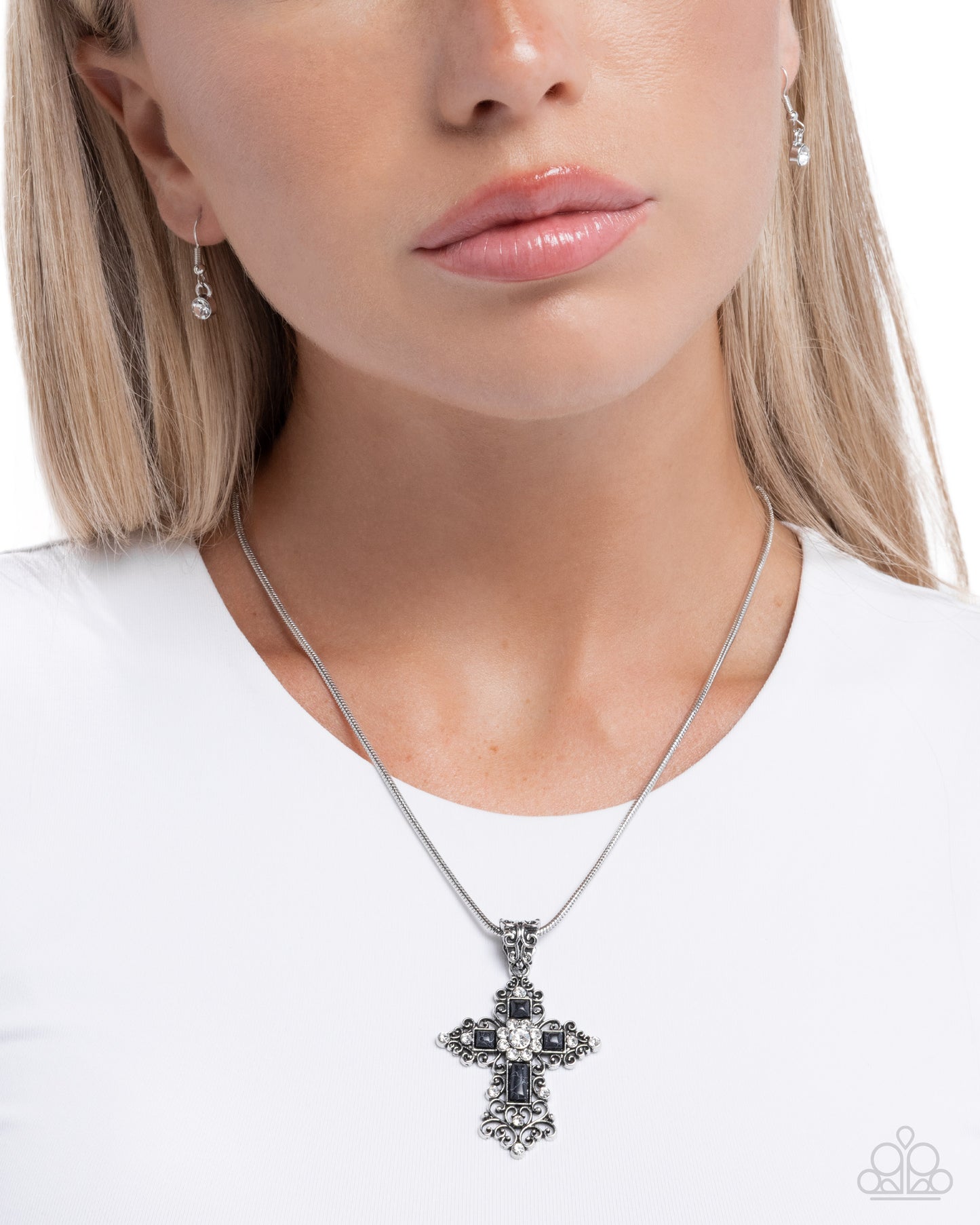 Celestial Color - Black Stone Silver Filigree Cross Pendant Necklace - Paparazzi Accessories