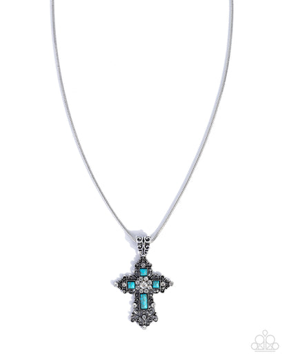 Celestial Color - Blue Cracklestone, White Rhinestone Silver Cross - Paparazzi Accessories