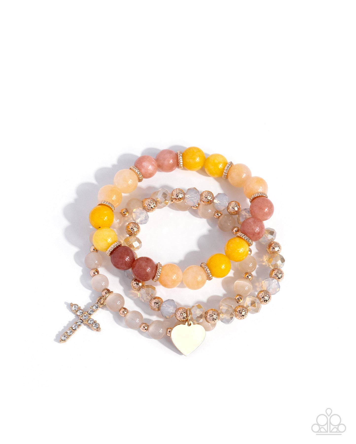 Divine Delight - Yellow, Pink and Brown Bead, Gold Cross Bracelet Stack - Paparazzi Accessories