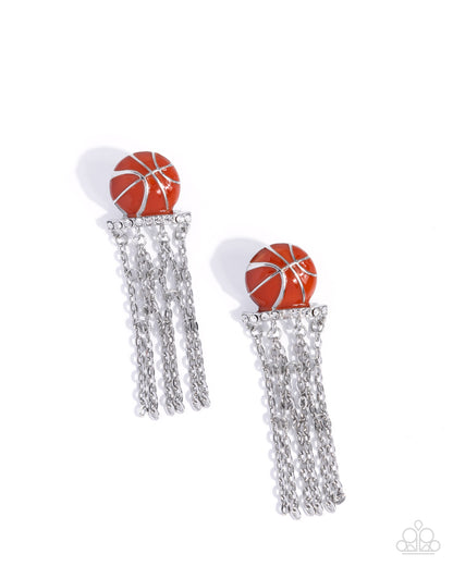 Slam Dunk Shimmer - Orange Enamel Basketball Silver Post Earrings - Paparazzi Accessories