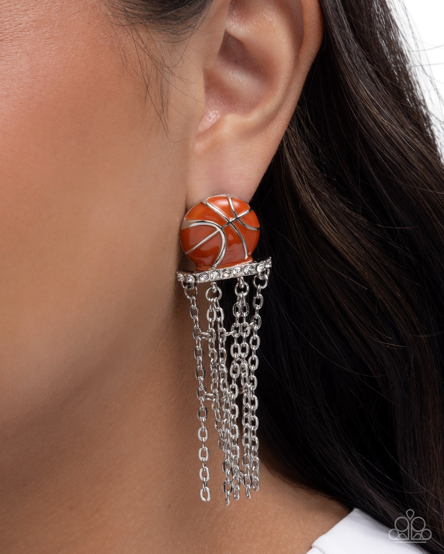 Slam Dunk Shimmer - Orange Enamel Basketball Silver Post Earrings - Paparazzi Accessories