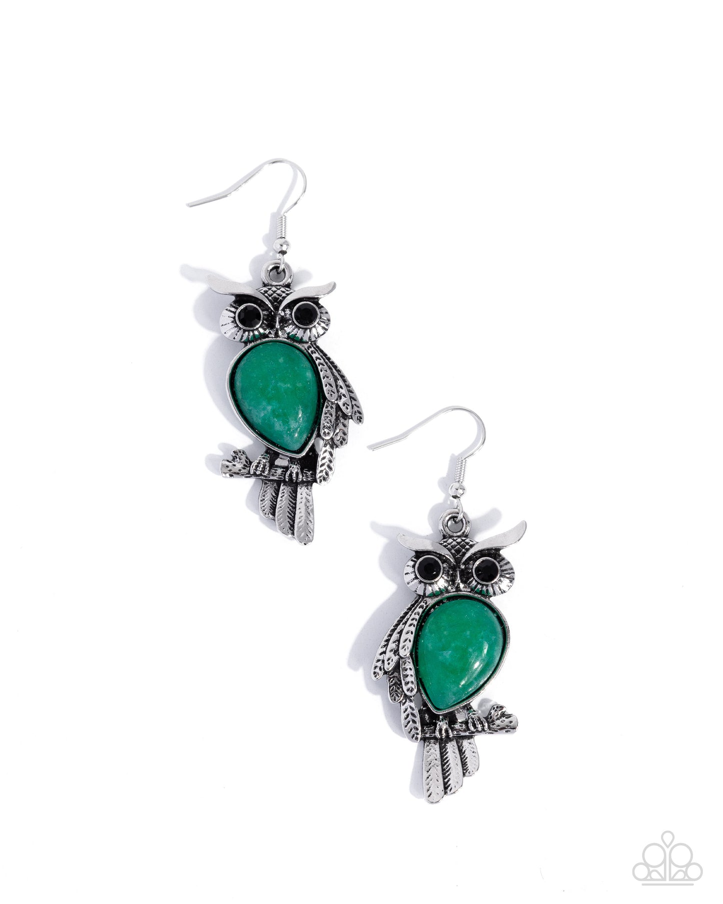 Owl Observation - Green Jade Stone Silver Fishhook Earrings - Paparazzi Accessories
