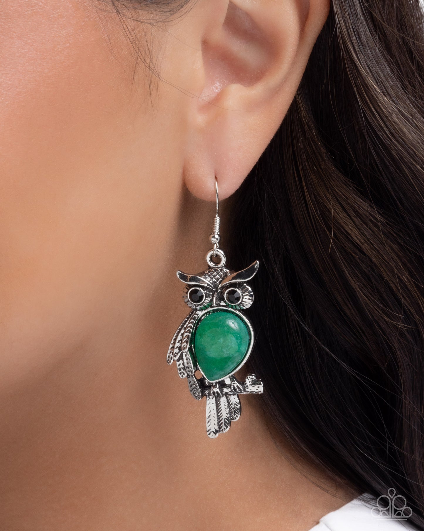 Owl Observation - Green Jade Stone Silver Fishhook Earrings - Paparazzi Accessories