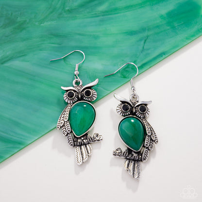 Owl Observation - Green Jade Stone Silver Fishhook Earrings - Paparazzi Accessories