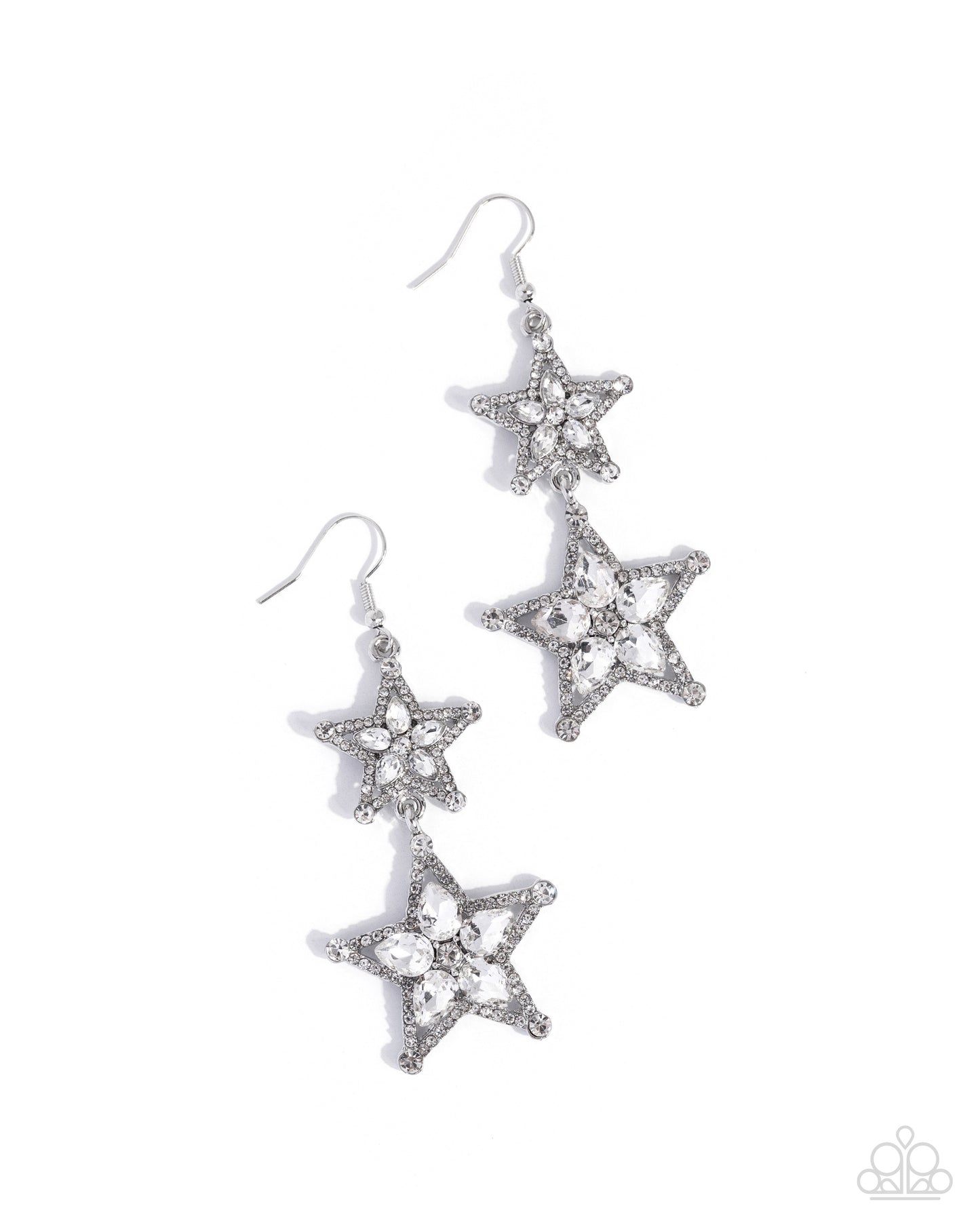 Glittery Galaxy - White Rhinestone, Silver Star Fishhook Back Earrings - Paparazzi Accessories