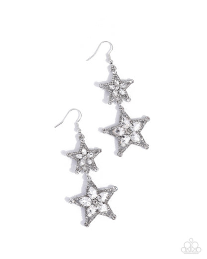Glittery Galaxy - White Rhinestone, Silver Star Fishhook Back Earrings - Paparazzi Accessories