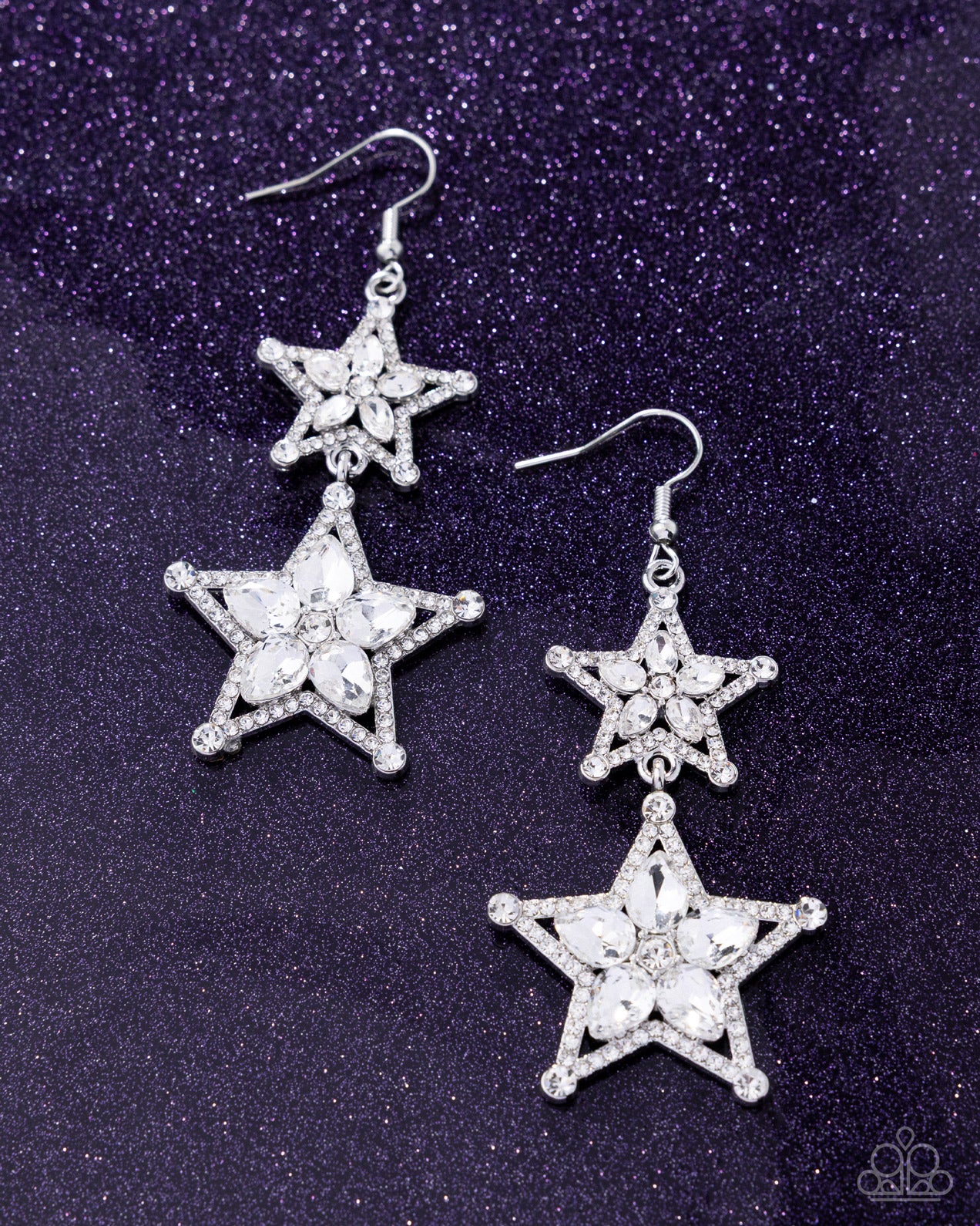 Glittery Galaxy - White Rhinestone, Silver Star Fishhook Back Earrings - Paparazzi Accessories