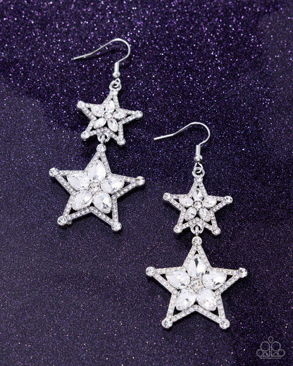 Glittery Galaxy - White Rhinestone, Silver Star Fishhook Back Earrings - Paparazzi Accessories