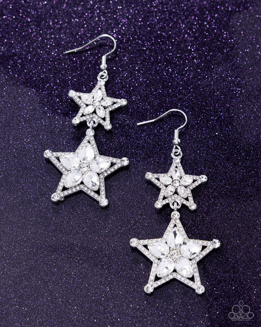Glittery Galaxy - White Rhinestone, Silver Star Fishhook Back Earrings - Paparazzi Accessories