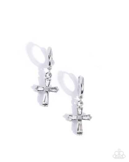 Sacred Shine - White Rhinestone Cross Drop Hoop Earrings - Paparazzi Accessories