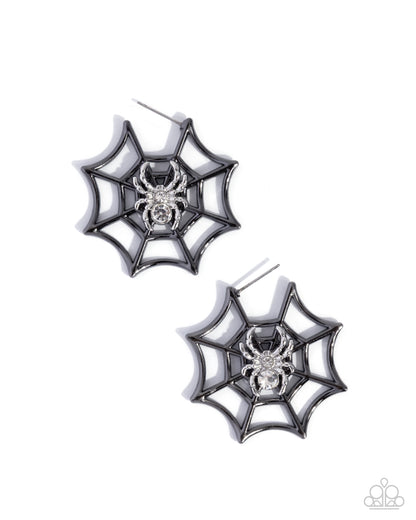 Spiderweb Showcase - Black Gunmetal Spiderwed Earrings - Paparazzi Accessories