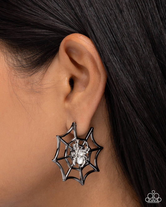Spiderweb Showcase - Black Gunmetal Spiderwed Earrings - Paparazzi Accessories