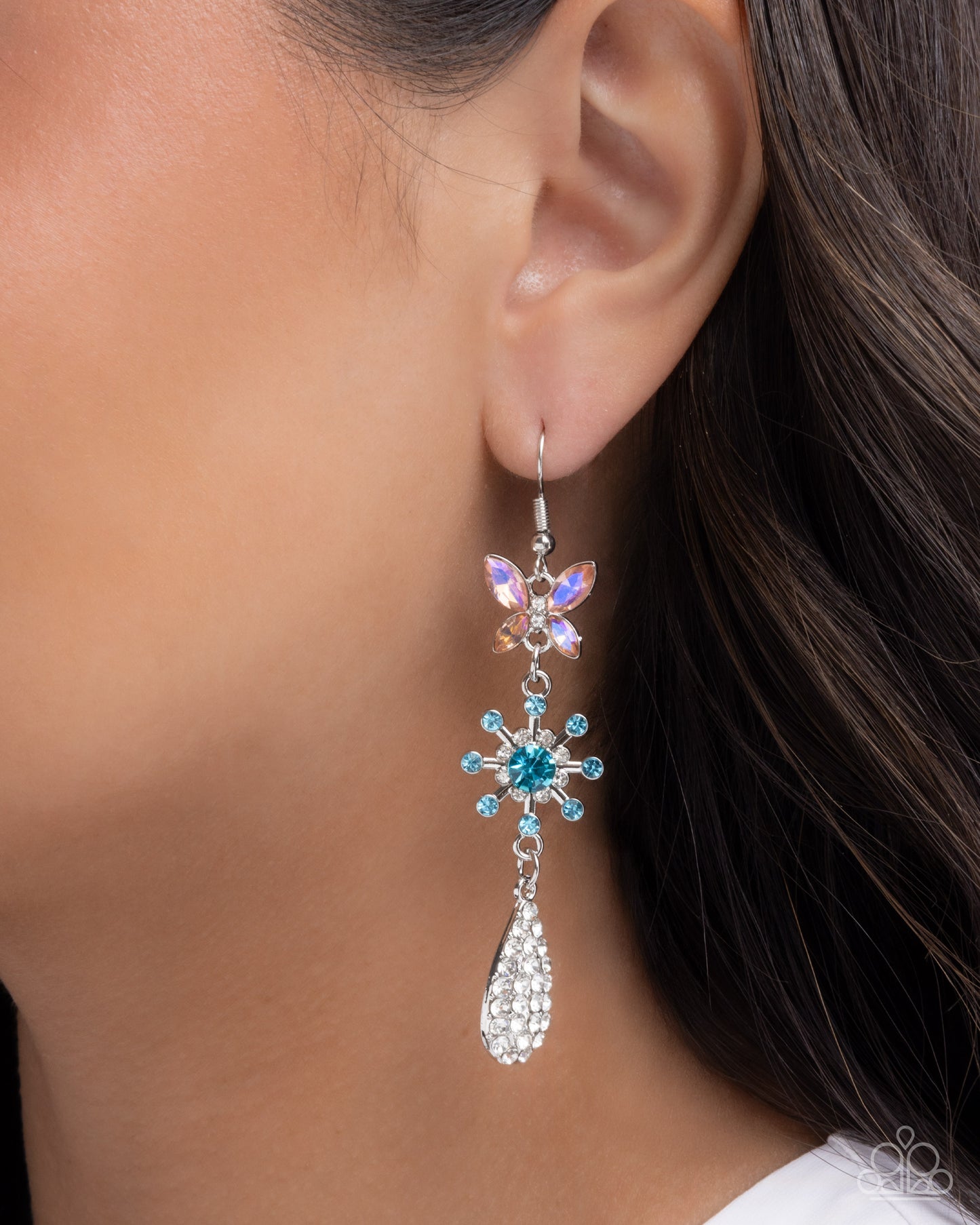 Butterfly Blend - Multi UV, Purple and White Rhinestone Butterfly Earrings - Paparazzi Accessories