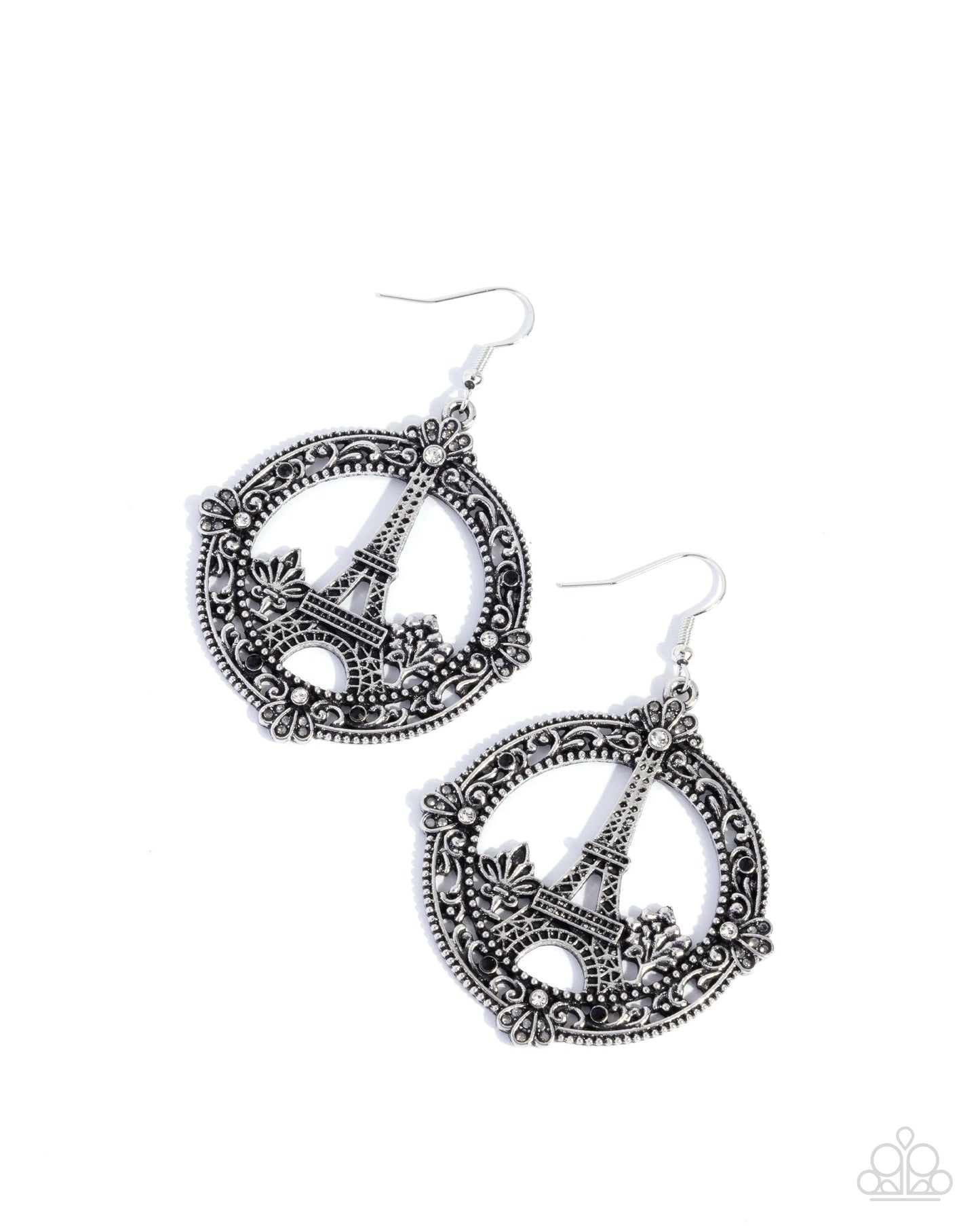 Enamored Eiffel Tower - Black Rhinestone Silver Fishhook Earrings - Paparazzi Accessories