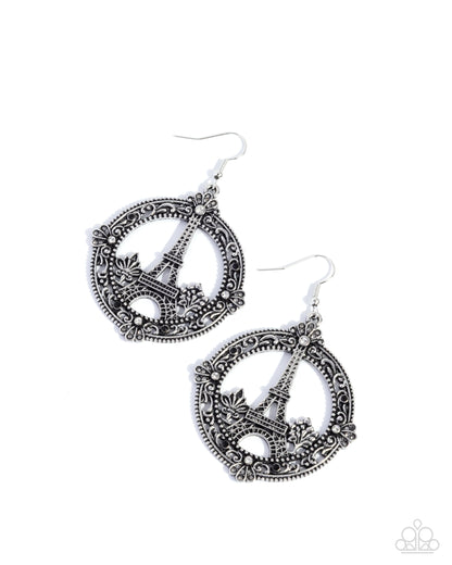 Enamored Eiffel Tower - Black Rhinestone Silver Fishhook Earrings - Paparazzi Accessories