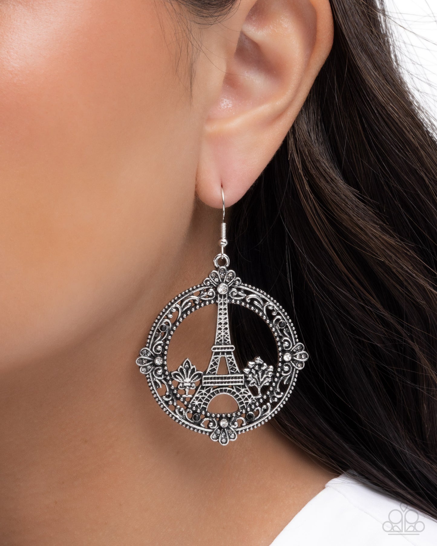 Enamored Eiffel Tower - Black Rhinestone Silver Fishhook Earrings - Paparazzi Accessories