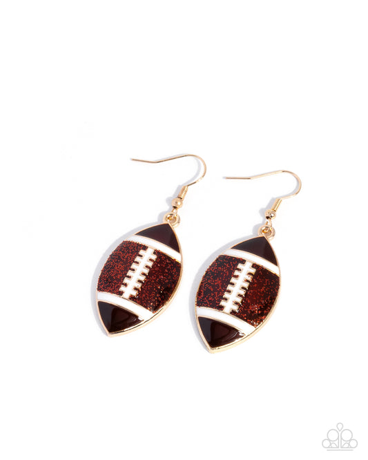 Football Facade - Brown Glittery Enamel Football Gold Fishhook Earrings - Paparazzi Accessories